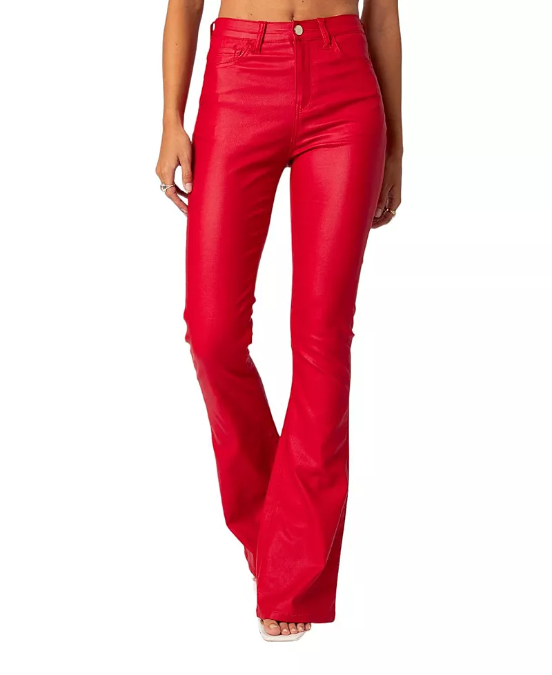 Edikted Luna Faux Leather Flare Jeans in Red