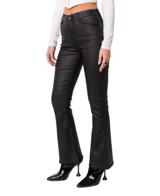 Petite Luna Faux Leather Flare Jeans in Black