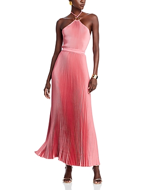 L'idée Cheri Pleated Halter Gown In Dusty Rose