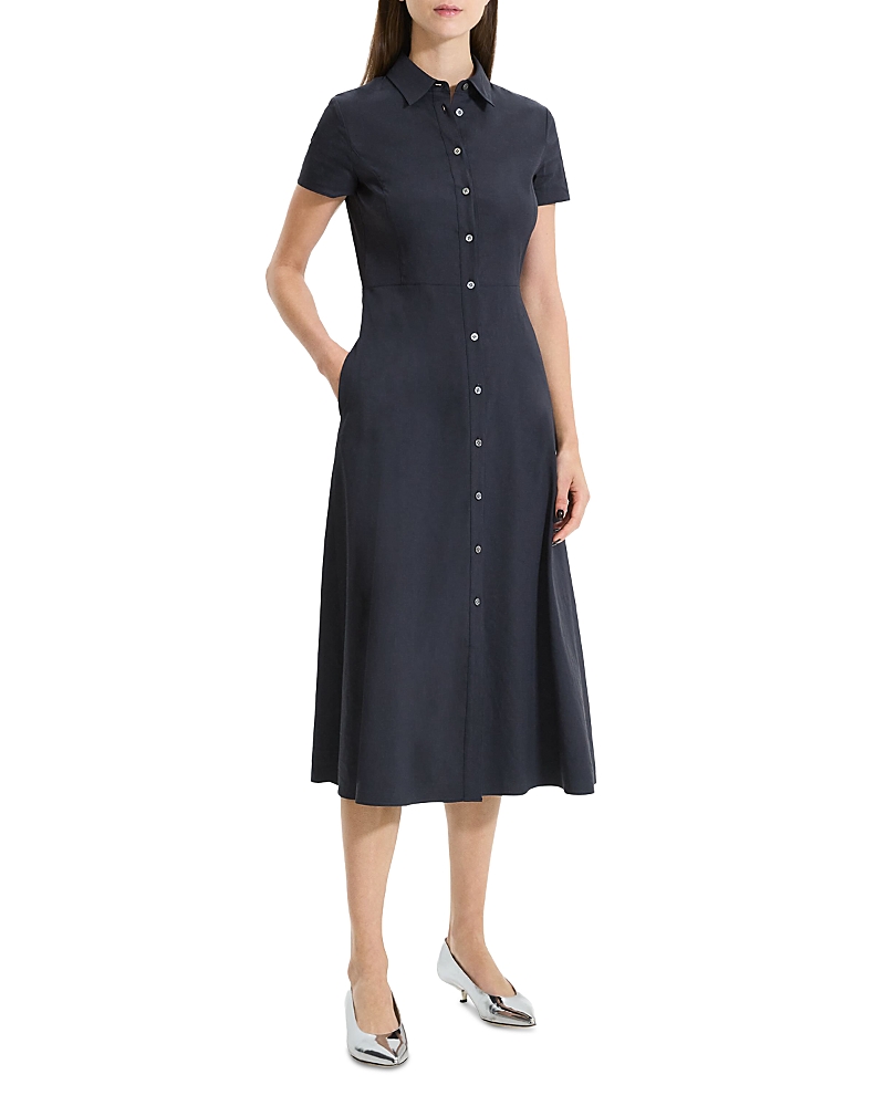 Theory Linen Blend Short Sleeve Midi Dress In Purple
