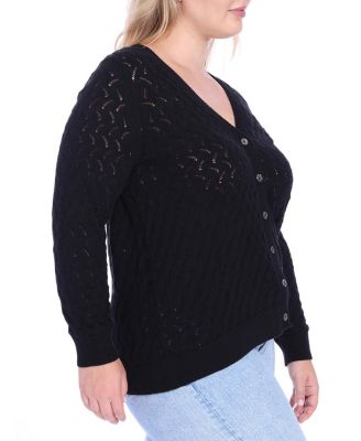  Plus Size Cotton V-Neck Pointelle Cardigan