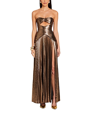 Shop Retroféte Mallory Metallic Pleated Gown In Metallic Bronze