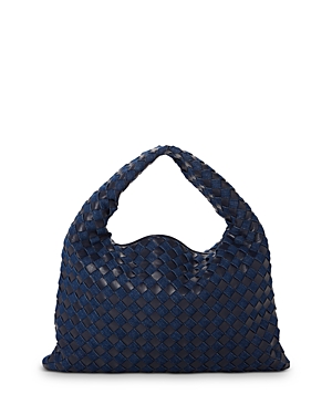 Shop Bottega Veneta Small Hop Intrecciato Leather Shoulder Bag In Abyss/indigo/brass