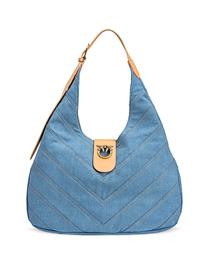 Shop Pinko Big Quilted Denim Hobo Bag In Blue