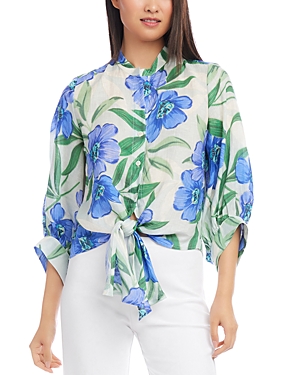 Shop Karen Kane Linen Tie Front Blouse In Floral