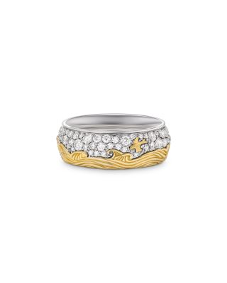 Men's Waves Band Ring in Sterling Silver with 18K Yellow Gold with Diamonds, 8.7mm