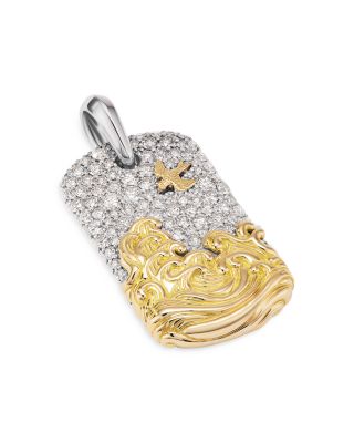 David Yurman Men's Waves Tag in Sterling Silver with 18K Yellow Gold and Diamonds, 35mm