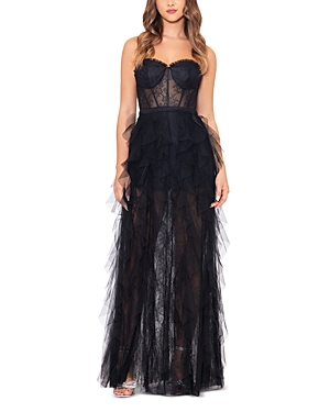 Shop Aqua Strapless Lace Tulle Ruffle Gown - 100% Exclusive In Black