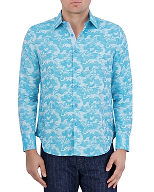 Shop Robert Graham Poseidon Printed Long Sleeve Button Front Shirt In Turquoise