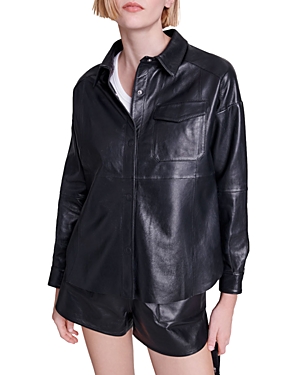 Shop Maje Cameo Leather Shirt In Black