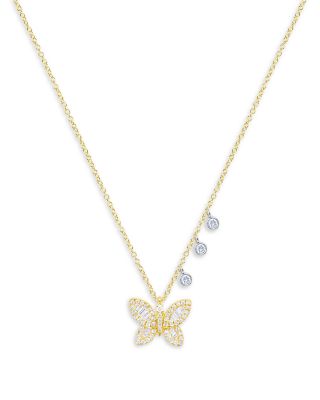 14K Yellow Gold Diamond Butterfly Necklace, 18"