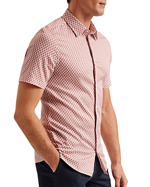 Shop Ted Baker Printed Short Sleeve Button Front Shirt In Mid-pink