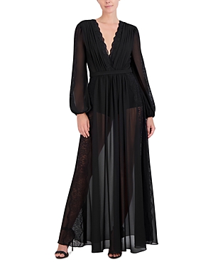 Shop Bcbgmaxazria Lace Trim Pleated Sheer Maxi Dress In Black