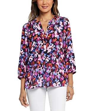 Shop Nydj Three Quarter Sleeve Printed Pintucked Back Blouse In Hot Spring