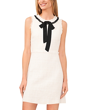 Shop Cece Contrast Bow Tweed Dress In Ultra White
