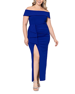 Shop Xscape Off-the-shoulder Ruched Scuba Crepe Gown In Marine