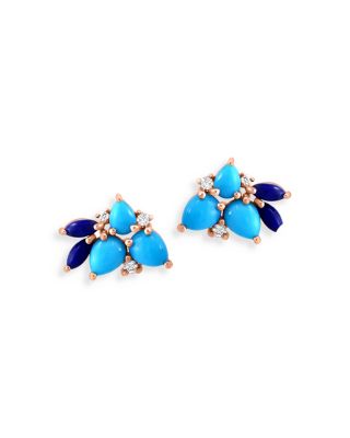 Lapis, Turquoise & Diamond Cluster Stud Earrings in 14K Yellow Gold