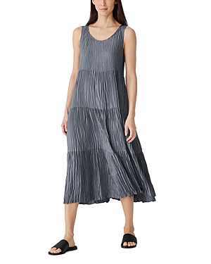 Shop Eileen Fisher Crinkle Silk Tiered Midi Dress In Steel