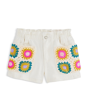 Shop Blanknyc Girls' Crochet Applique Paperbag Denim Shorts - Big Kid In Downtime