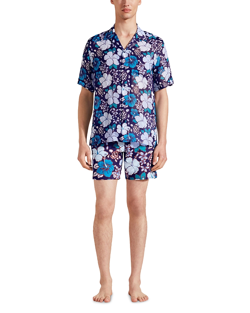 Vilebrequin Bowling Linen Tropical Turtles Shirt In Minuit