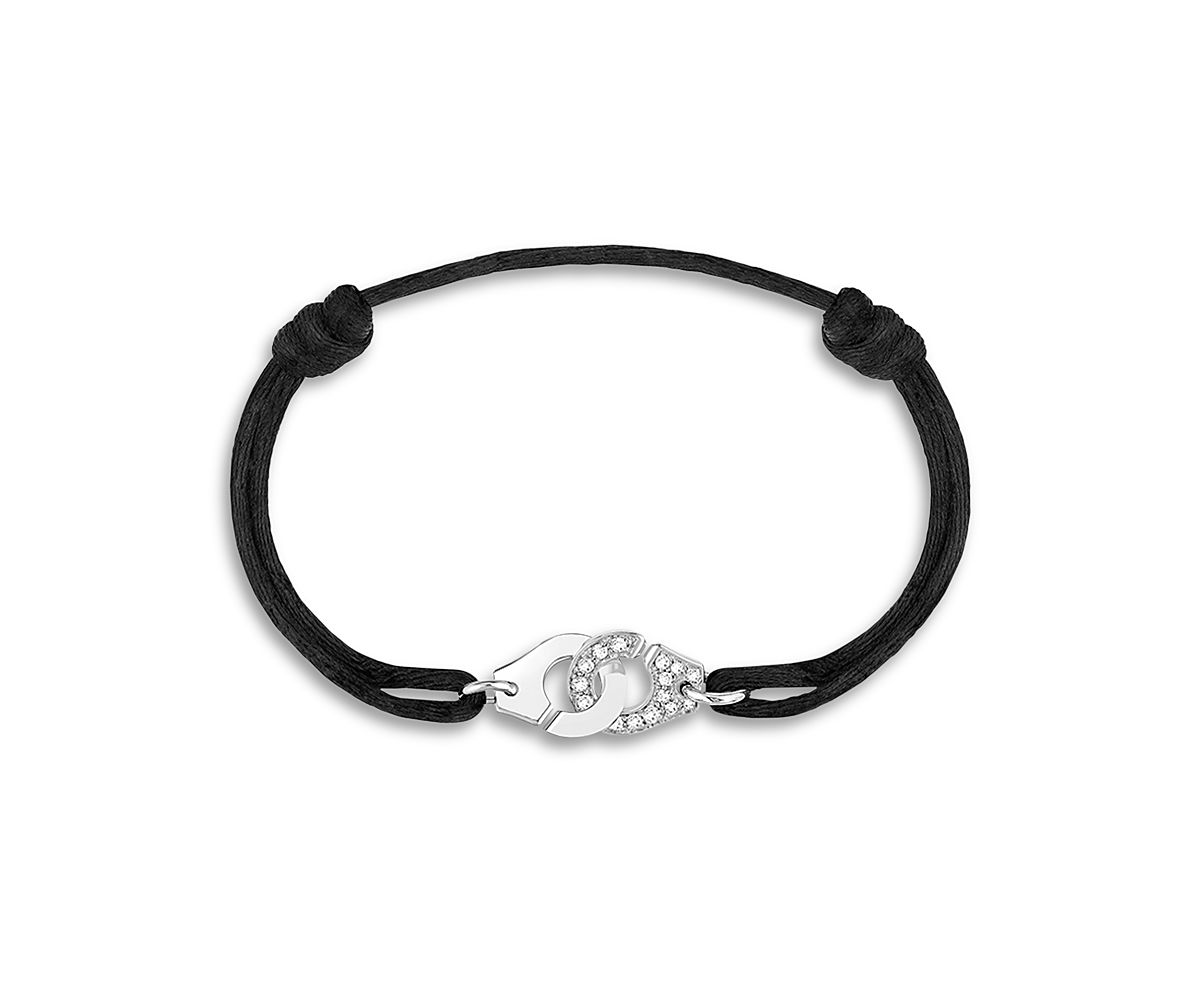 Dinh Van 18K White Gold Menottes Diamond Black Cord Slider Bracelet