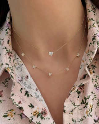 14K Yellow Gold Diamond Baby Butterflies Necklace, 18"