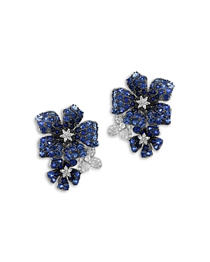 Blue Sapphire & Diamond Triple Flower Statement Earrings in 14K White Gold