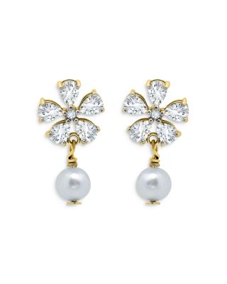 Aqua Cubic Zirconia Flower & Cultured Freshwater Pearl Drop Earrings in 18K Gold Plated Sterling Silver - Exclusive