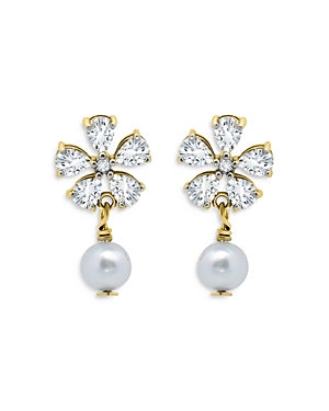 Aqua Cubic Zirconia Flower & Cultured Freshwater Pearl Drop Earrings in 18K Gold Plated Sterling Sil