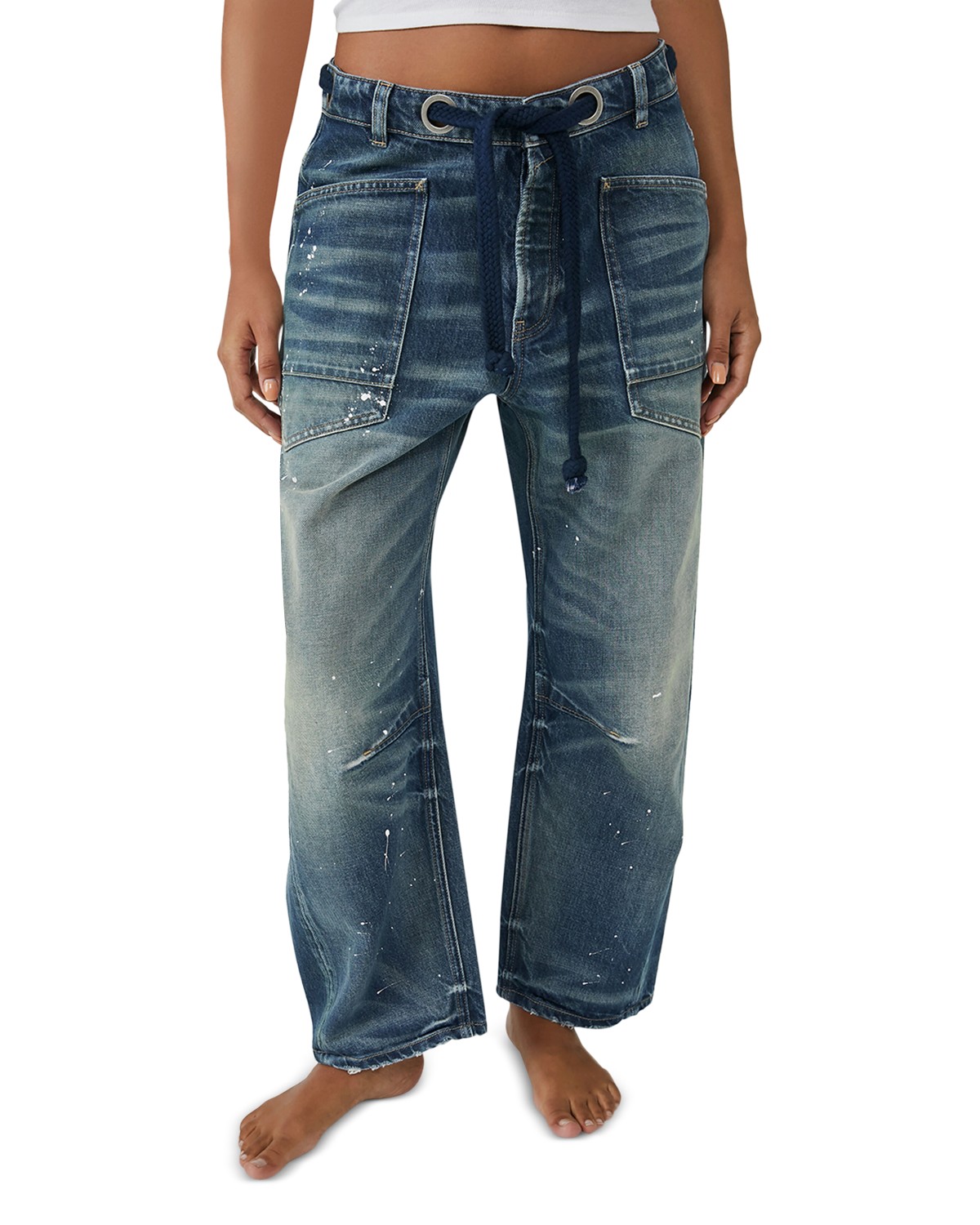 We The Free Moxie Low Slung Pull On Barrel Jeans in Timeless Blue
