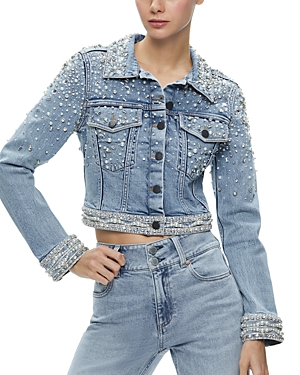 Shop Alice And Olivia Nelson Embellished Cropped Denim Jacket In Rock Star Blue
