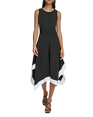 Shop Karl Lagerfeld Sleeveless Belted Midi Dress In Black/soft White