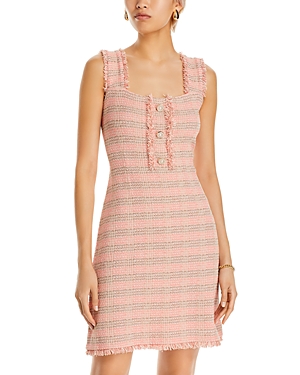 Shop Misook Fringe Trim Tweed Mini Dress In Porcelain Pink/multi