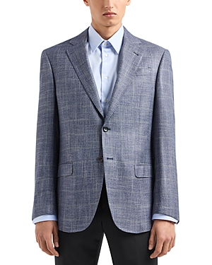 Shop Emporio Armani Windowpane Single Breasted Regular Fit Notch Lapel Jacket In Blue Denim