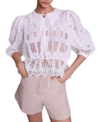 Maje - Catania Linen Eyelet Peter Pan Blouse