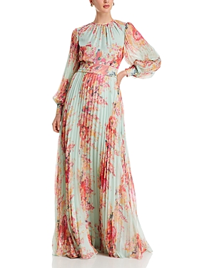 Teri Jon By Rickie Freeman Floral Print Pleated Dress In Multi Colours
