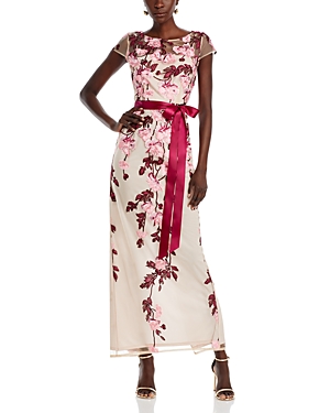 Adrianna Papell Floral Cascading Column Gown In Merl/nude