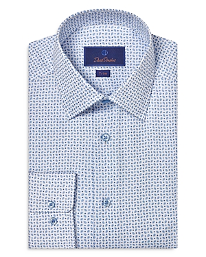 Shop David Donahue Trim Fit Cotton Printed Barrel Cuff Dress Shirt In White/ Blue