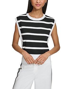 Shop Karl Lagerfeld Striped Sleeveless Sweater In Black/soft White