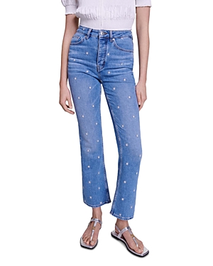Maje Passion Embroidered Sun Flare Leg Jeans in Blue