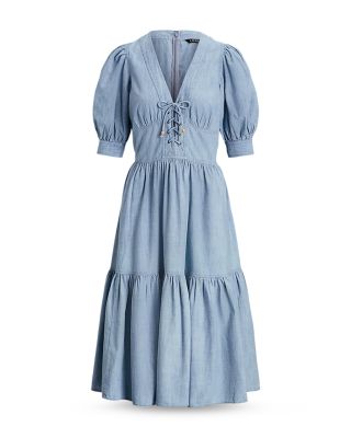 chinese dress ladies Flirt And Frill Blue Bardot Boho Lace Trim Chambray Dress