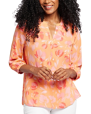 Shop Nydj Three Quarter Sleeve Printed Pintucked Back Blouse In Candace