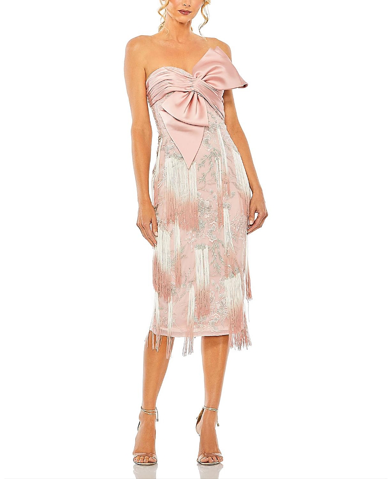 Mac Duggal Bow Front Strapless Fringe Midi Dress In Rose