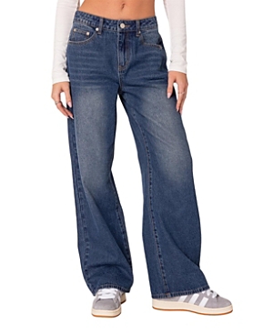 Shop Edikted Karie Relaxed Mid Rise Jeans In Dark Blue
