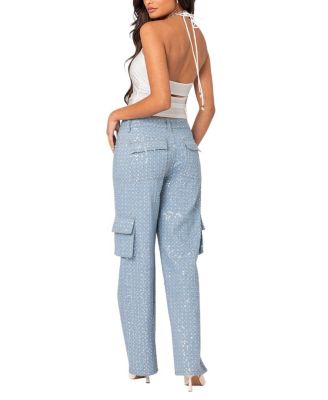 Icing Sequin Low Rise Cargo Jeans in Light Blue