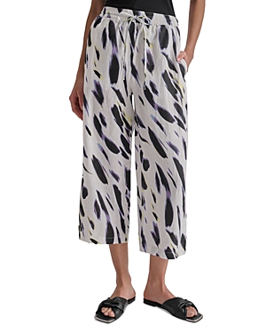 Shop Dkny Printed Linen Pull On Pants In Fluoro Yellow/wave Blue Multi