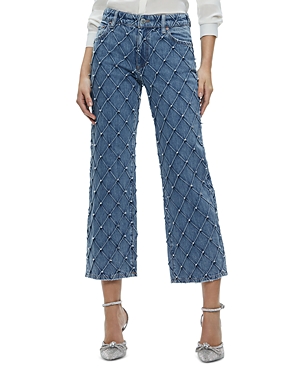 Alice and Olivia Weezy Quilted Embellished Cropped Jeans in Light Indigo