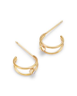 14K Yellow Gold Princess Diamonds Double Wire Huggie Hoop Earrings