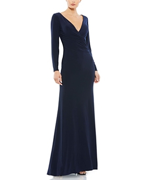Shop Mac Duggal Long Sleeve Ruched Jersey V-neck Gown In Midnight