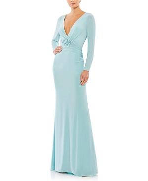 Shop Mac Duggal Long Sleeve Ruched Jersey V-neck Gown In Powder Blue
